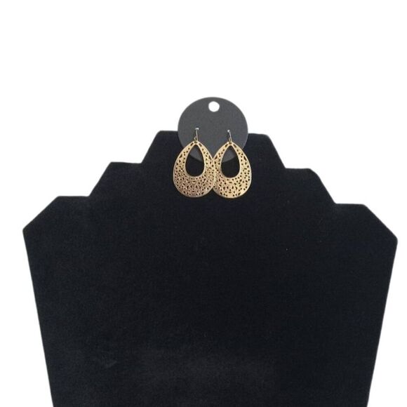 Gold Toned Lightweight Thin Metal Dotted Cutouts Dangle Style Teardrop Earrings - Picture 1 of 8